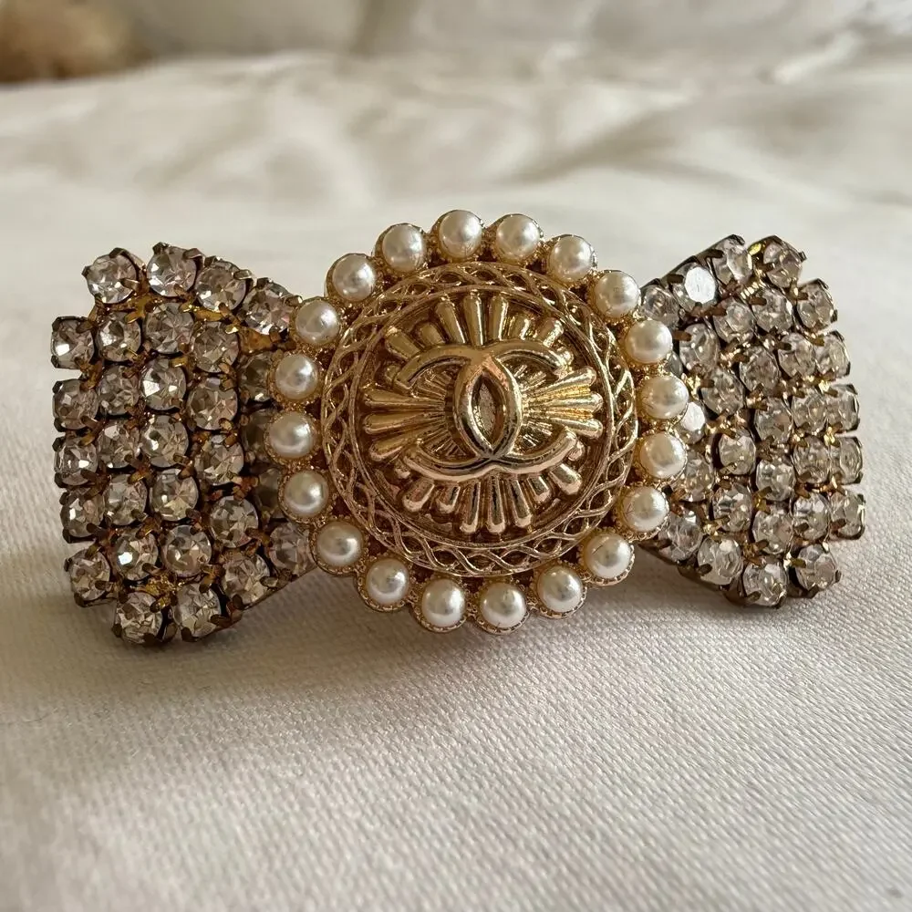Repurposed Chanel Button Crystal Bow Barrette Faux Pearls & Rhinestones in Gold